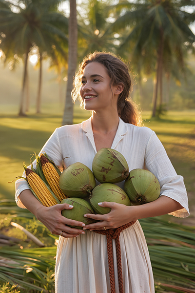 Woman standing in a tropical grove holding coconuts and corn, representing ORY Skincare’s use of decyl glucoside, a mild plant-derived cleanser made from sugars and fatty alcohols for gentle skin cleansing.