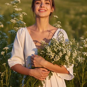 Woman holding fresh feverfew flowers in a sunlit field, representing the calming and anti-inflammatory benefits of Feverfew Extract in ORY Skincare.