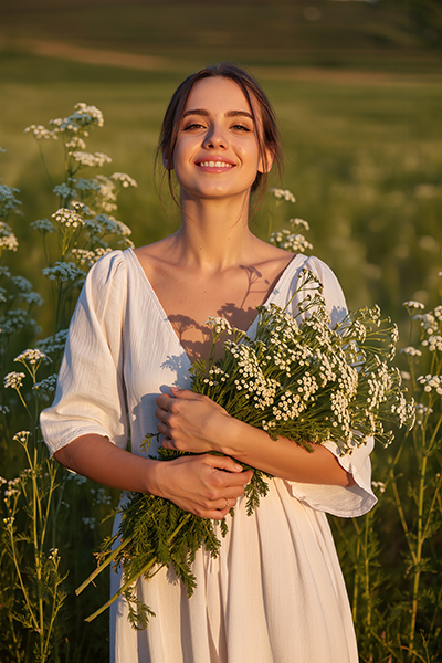 Woman holding fresh feverfew flowers in a sunlit field, representing the calming and anti-inflammatory benefits of Feverfew Extract in ORY Skincare.
