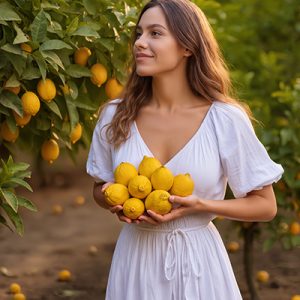 Woman holding fresh lemons in a sunny orchard, showcasing natural ingredients used to create ORY Skincare’s Lemon Peel Extract.