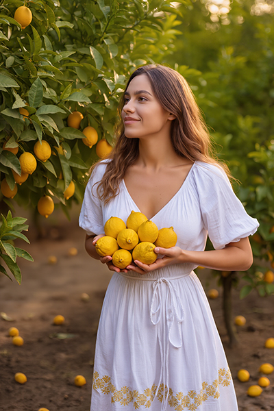 Woman holding fresh lemons in a sunny orchard, showcasing natural ingredients used to create ORY Skincare’s Lemon Peel Extract.