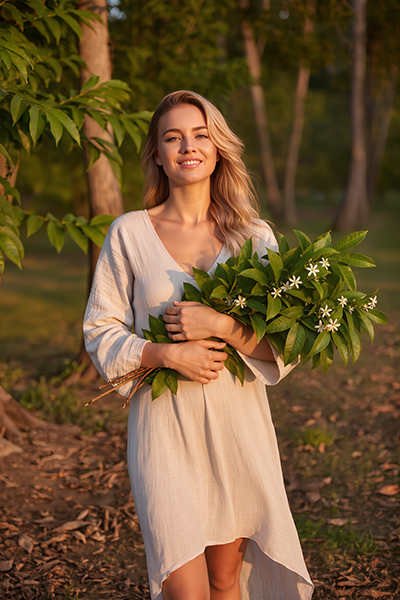 Smiling blonde woman in beige dress holding fresh neem branches with white flowers in tropical forest at sunset, illustrating the purifying Neem Leaf Extract in Oryskincare's antibacterial skincare products for clear, soothed, and healthy skin.
