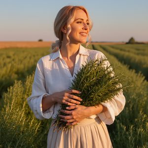 Woman standing in a rosemary field holding fresh rosemary sprigs, representing ORY Skincare’s use of rosemary extract as a botanical antioxidant ingredient known for purifying, stimulating, and protecting the skin.