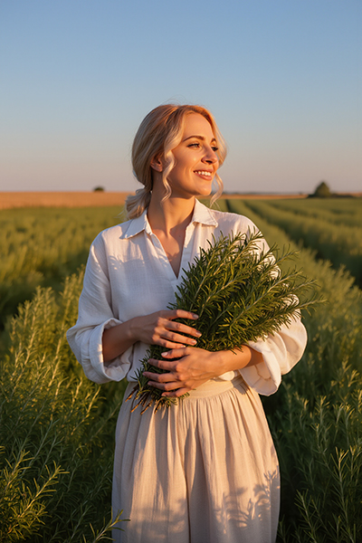 Woman standing in a rosemary field holding fresh rosemary sprigs, representing ORY Skincare’s use of rosemary extract as a botanical antioxidant ingredient known for purifying, stimulating, and protecting the skin.