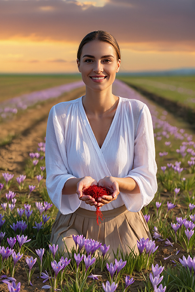 Woman standing in a saffron field holding fresh saffron threads, representing ORY Skincare’s use of saffron extract as a rare botanical ingredient known for brightening, antioxidant protection, and skin revitalization.