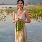 Woman standing in a freshwater lake holding fresh spirulina algae, representing ORY Skincare’s use of spirulina as a nutrient-rich botanical ingredient known for detoxifying, antioxidant, and skin-revitalizing benefits.
