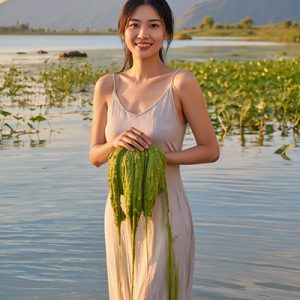 Woman standing in a freshwater lake holding fresh spirulina algae, representing ORY Skincare’s use of spirulina as a nutrient-rich botanical ingredient known for detoxifying, antioxidant, and skin-revitalizing benefits.