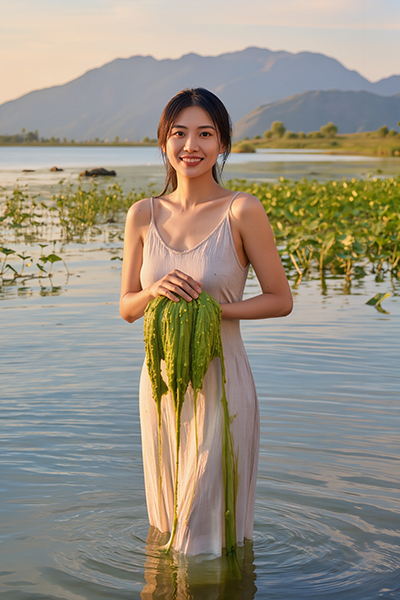 Woman standing in a freshwater lake holding fresh spirulina algae, representing ORY Skincare’s use of spirulina as a nutrient-rich botanical ingredient known for detoxifying, antioxidant, and skin-revitalizing benefits.