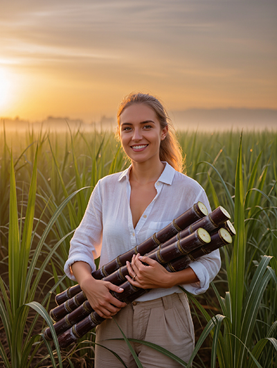 Woman standing in a cultivated field holding harvested plant stalks, representing ORY Skincare’s commitment to formulation purity and the use of tetrasodium glutamate diacetate to improve ingredient stability and product performance.