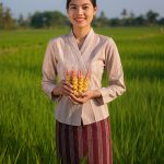 Woman standing in a green field holding fresh turmeric roots, representing ORY Skincare’s use of turmeric extract as a natural antioxidant ingredient known for brightening, calming, and skin-balancing benefits.