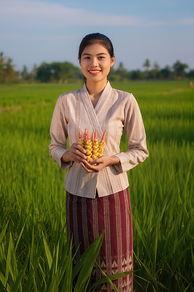 Woman standing in a green field holding fresh turmeric roots, representing ORY Skincare’s use of turmeric extract as a natural antioxidant ingredient known for brightening, calming, and skin-balancing benefits.