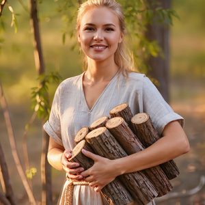 Woman standing in a wooded setting holding natural willow bark, representing ORY Skincare’s use of willow bark extract as a botanical exfoliating ingredient known for clarifying, smoothing, and balancing the skin.