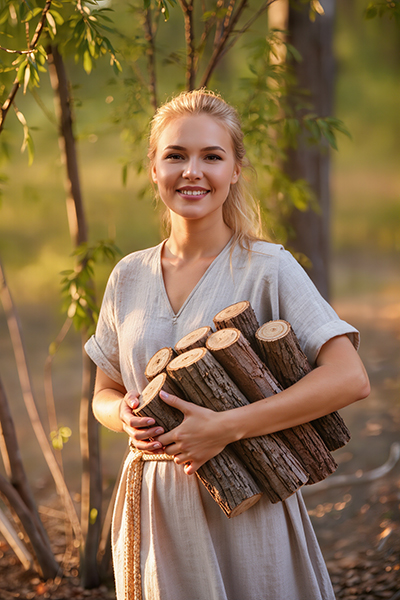 Woman standing in a wooded setting holding natural willow bark, representing ORY Skincare’s use of willow bark extract as a botanical exfoliating ingredient known for clarifying, smoothing, and balancing the skin.