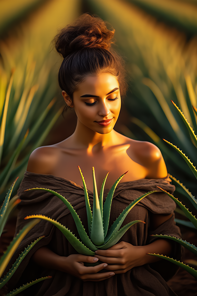 Serene woman with bun hairstyle holding fresh aloe vera plant in golden sunset aloe field, embodying natural skincare benefits of aloe leaf extract for hydration and soothing.
