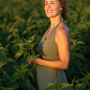 Woman holding fresh nettle leaves in a sunlit green field, representing nettle leaf as a botanical skincare ingredient known for purifying and strengthening the skin.