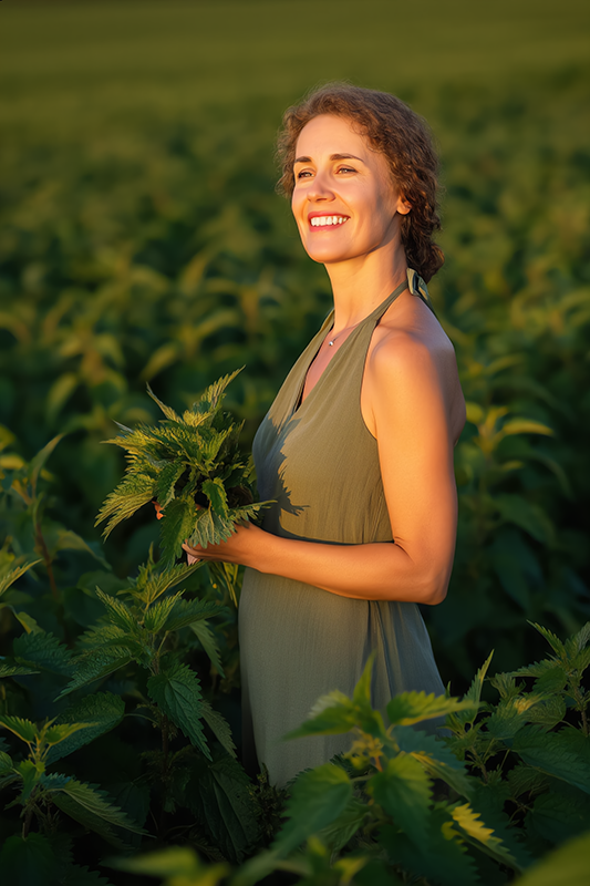 Woman holding fresh nettle leaves in a sunlit green field, representing nettle leaf as a botanical skincare ingredient known for purifying and strengthening the skin.