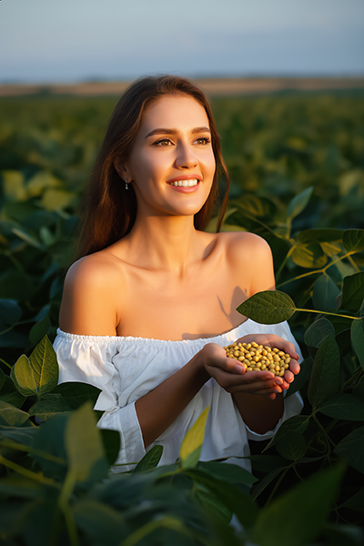 Woman holding soybeans in a sunlit soybean field representing soy extract, a botanical skincare ingredient known for hydration, antioxidant protection, and skin barrier support.