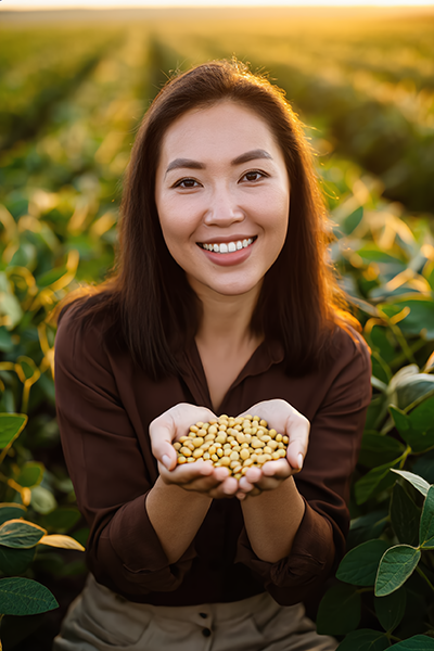Woman holding fresh soybeans in a sunlit soybean field, representing soybean as a natural botanical ingredient used in skincare for nourishment and hydration.