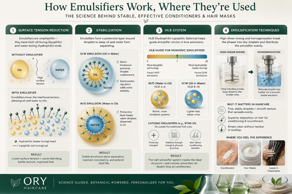 Infographic explaining emulsifier science in haircare, including oil and water stabilization, HLB, BTMS-50, high-shear mixing, conditioners and hair masks