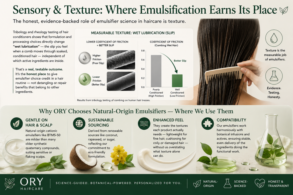 ORY infographic explaining emulsifier science, wet hair lubrication, conditioner texture and natural-origin emulsifiers in haircare