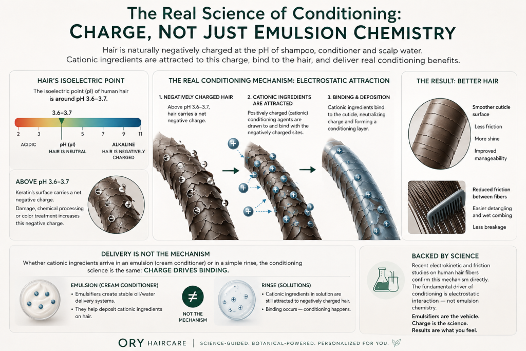 Diagram showing how positively charged cationic ingredients bind to negatively charged hair to reduce friction and improve conditioning
