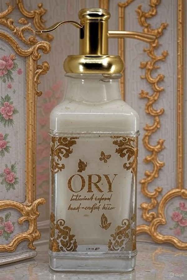 ORY Skincare personalized lotion bottle in rococo style featuring ornate gold detailing, handcrafted botanical-infused lotion, and vintage floral design.