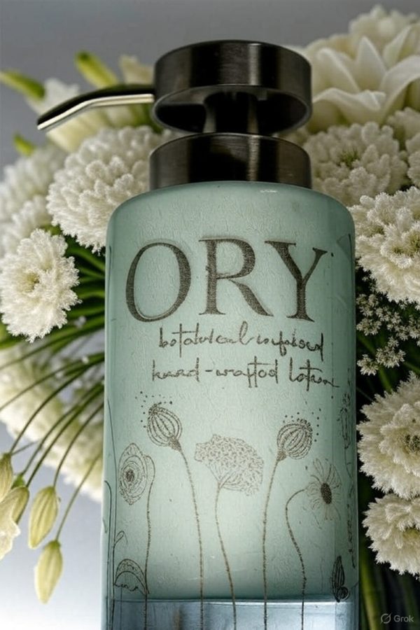 Elegant personalized ORY botanical infused hand and body lotion bottle with pump dispenser, featuring leaf and butterfly designs on floral background, showcasing Oryskincare's custom natural skincare solutions for nourished, hydrated skin.