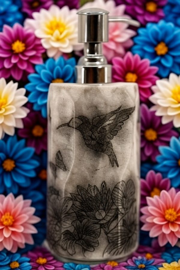 Elegant personalized ORY botanical infused hand and body lotion bottle with pump dispenser, featuring leaf and butterfly designs on floral background, showcasing Oryskincare's custom natural skincare solutions for nourished, hydrated skin.