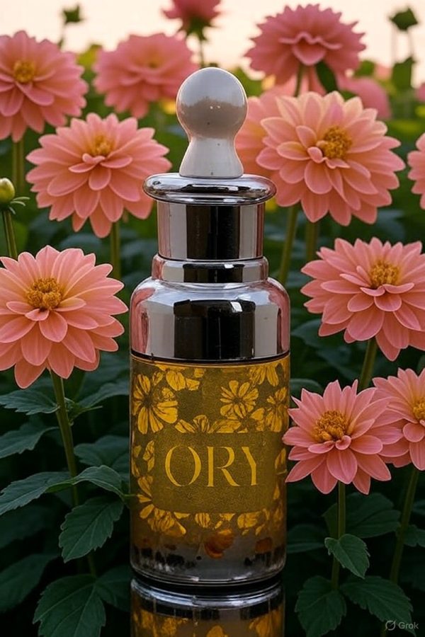 Elegant personalized ORY serum bottle with dropper amid blooming pink dahlias, featuring golden floral designs, representing Oryskincare's custom botanical-infused serums for targeted hydration and radiant, youthful skin.