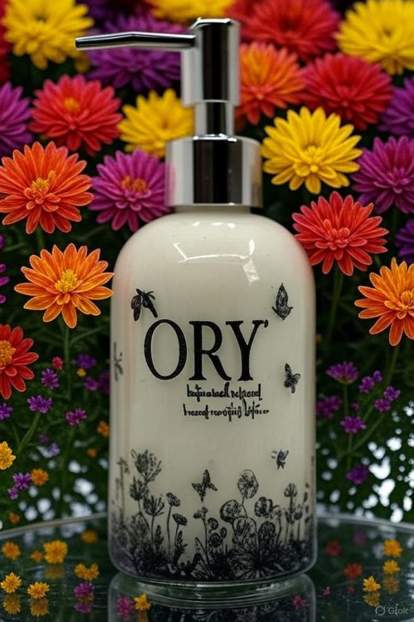 Elegant personalized ORY botanical infused hand and body lotion bottle with pump dispenser, featuring leaf and butterfly designs on floral background, showcasing Oryskincare's custom natural skincare solutions for nourished, hydrated skin.
