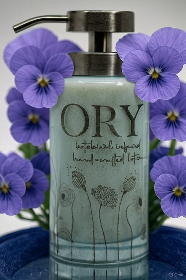 Elegant personalized ORY botanical infused hand and body lotion bottle with pump dispenser, featuring leaf and butterfly designs on floral background, showcasing Oryskincare's custom natural skincare solutions for nourished, hydrated skin.
