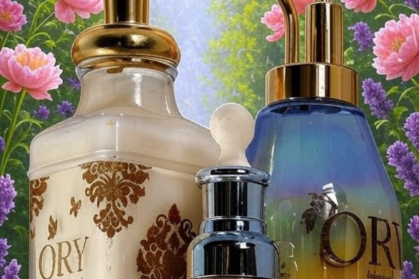 Custom ORY Skincare bottles showcasing personalized botanical-infused lotion, serum, and oil with handcrafted designs and floral ingredients.