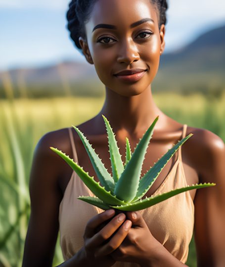 Woman holding a fresh aloe vera leaf in a sunlit field — natural aloe vera skincare ingredient for ORY Skincare.