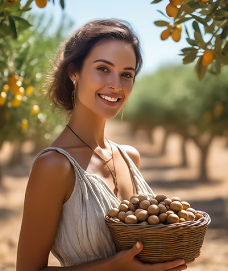 Woman holding a basket of argan nuts in a sunlit orchard — natural argan oil skincare ingredient for ORY Skincare.