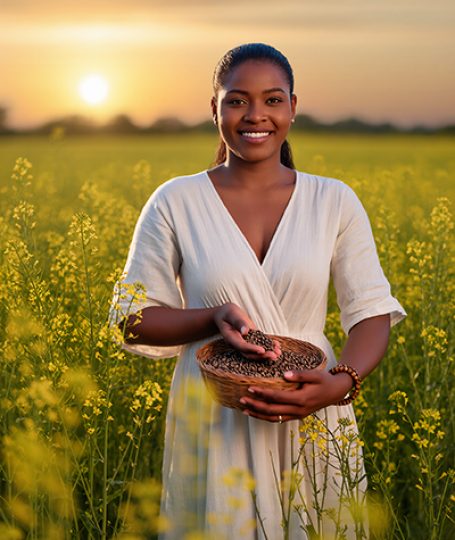 Woman in a blooming field holding seeds at sunset — natural bakuchiol skincare ingredient by ORY Skincare.