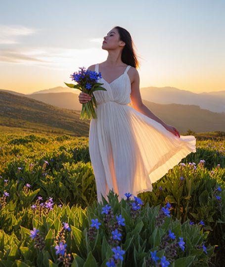 Woman holding blue borage flowers in a mountain meadow at sunset — natural borage seed oil skincare ingredient for ORY Skincare.