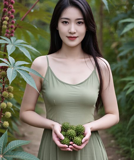 Woman holding fresh castor seeds in a lush garden — natural castor oil skincare ingredient for ORY Skincare.
