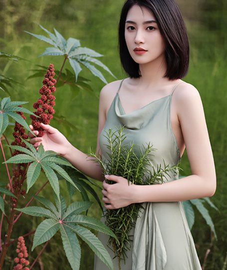 Woman holding fresh rosemary beside castor plants — natural castor rosemary oil skincare ingredient for ORY Skincare.