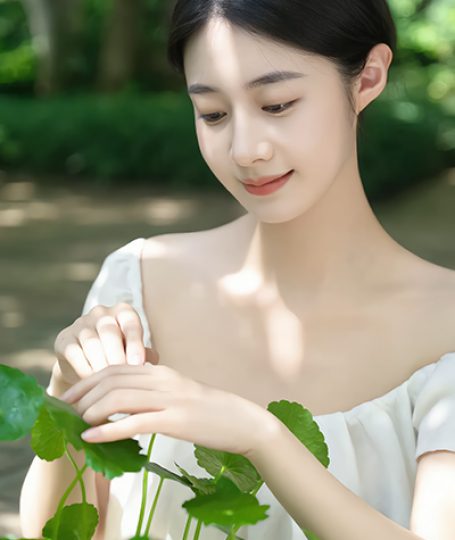 Woman gently touching Centella Asiatica leaves in a garden — soothing cica extract used in ORY Skincare.