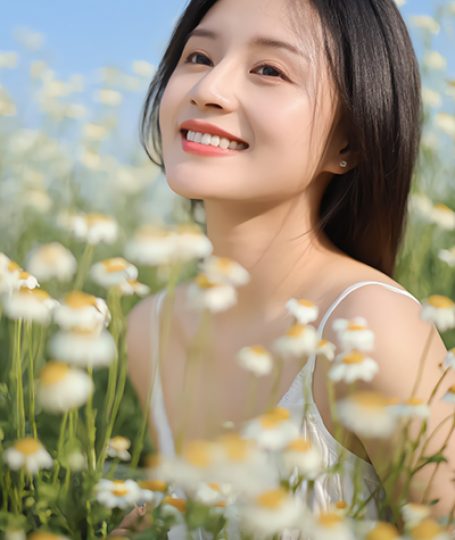 Woman in a field of chamomile flowers — calming chamomile extract skincare ingredient for ORY Skincare.