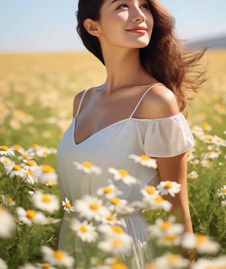Woman in a field of chamomile flowers — calming chamomile extract skincare ingredient for ORY Skincare.