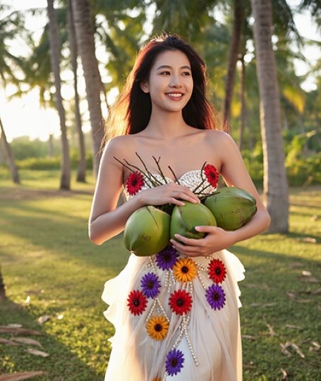 Woman holding coconuts in a tropical grove — coconut fragrance oil used in ORY Skincare for warm, tropical aroma.
