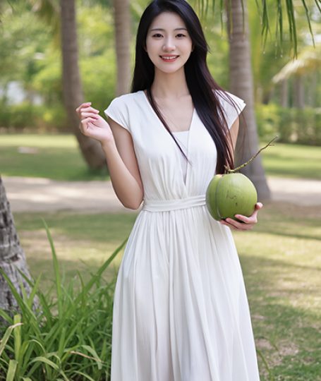 Woman holding a fresh coconut in a tropical garden — natural coconut oil skincare ingredient for ORY Skincare.