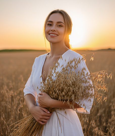 Woman in an oat field holding fresh oats at sunset — soothing colloidal oat skincare ingredient for ORY Skincare.