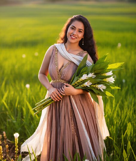 Woman holding turmeric flowers in a sunlit field — curcumin antioxidant and brightening skincare ingredient for ORY Skincare.