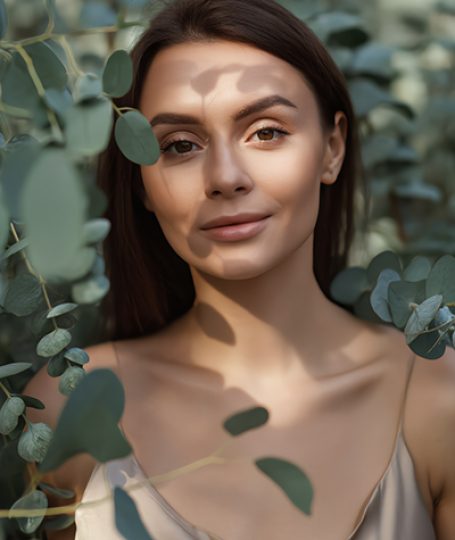 Woman surrounded by eucalyptus leaves representing the purity and clarifying benefits of Eucalyptus (80/82) Essential Oil used in ORY Skincare formulations.