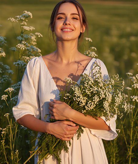 Woman holding fresh feverfew flowers in a sunlit field, representing the calming and anti-inflammatory benefits of Feverfew Extract in ORY Skincare.