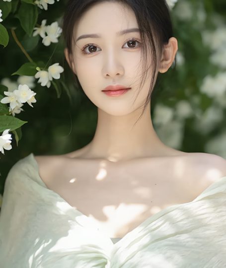 Serene Asian woman surrounded by blooming jasmine flowers in light green dress, embodying the calming and antioxidant Jasmine extract in Oryskincare's hydrating skincare products for soothed, radiant skin.