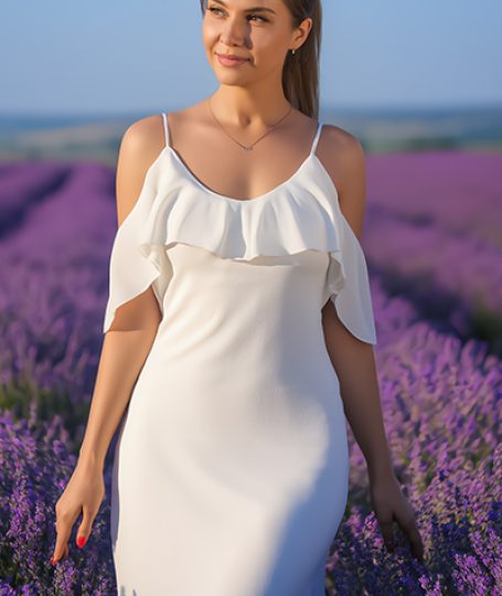 Smiling woman in elegant white ruffled dress walking through vibrant purple lavender fields under blue sky, embodying the calming Lavender extract in Oryskincare's soothing skincare products for reduced inflammation and radiant, balanced skin.