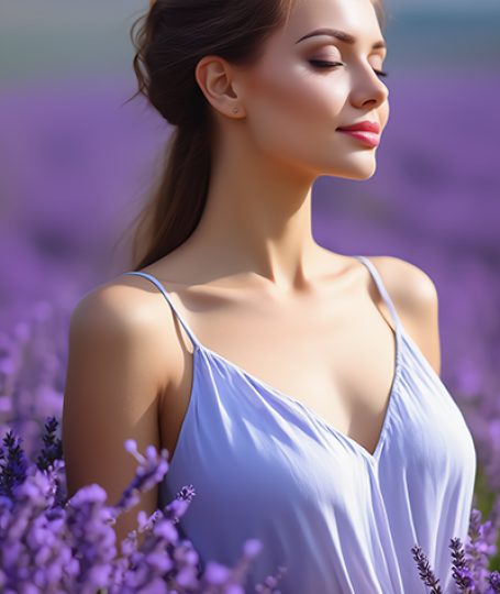 Woman standing peacefully in a lavender field, symbolizing ORY Skincare’s use of lavender for calming, soothing, and balancing the skin.